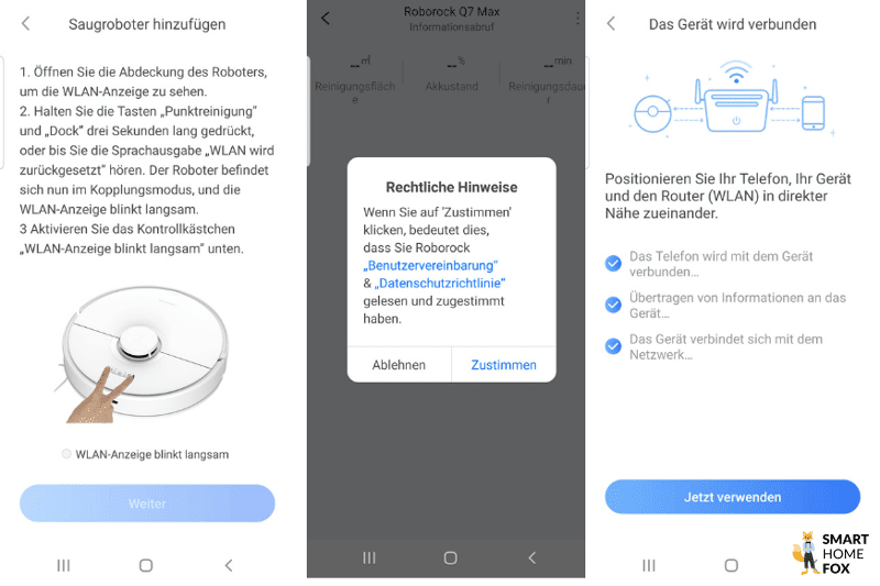 Die einzelnen Schritte zur Herstellung einer WLAN-Verbindung werden in der Roborock S7 MaxV Ultra App angezeigt